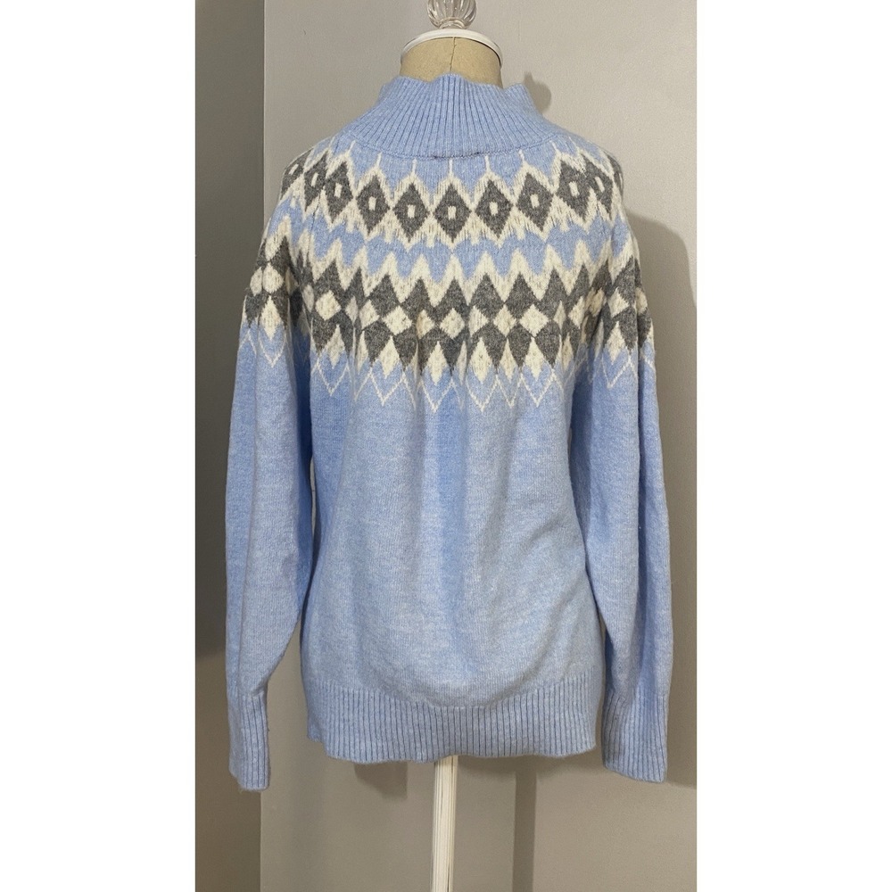 Women's Light Blue Fair Isle Nordic Geometric Knit Mock Neck Sweater Size Large - Picture 2 of 7